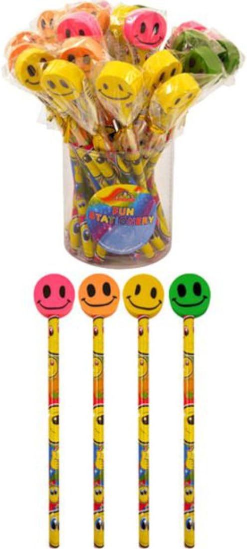 12 X Smile Face Pencils With Eraser On Top